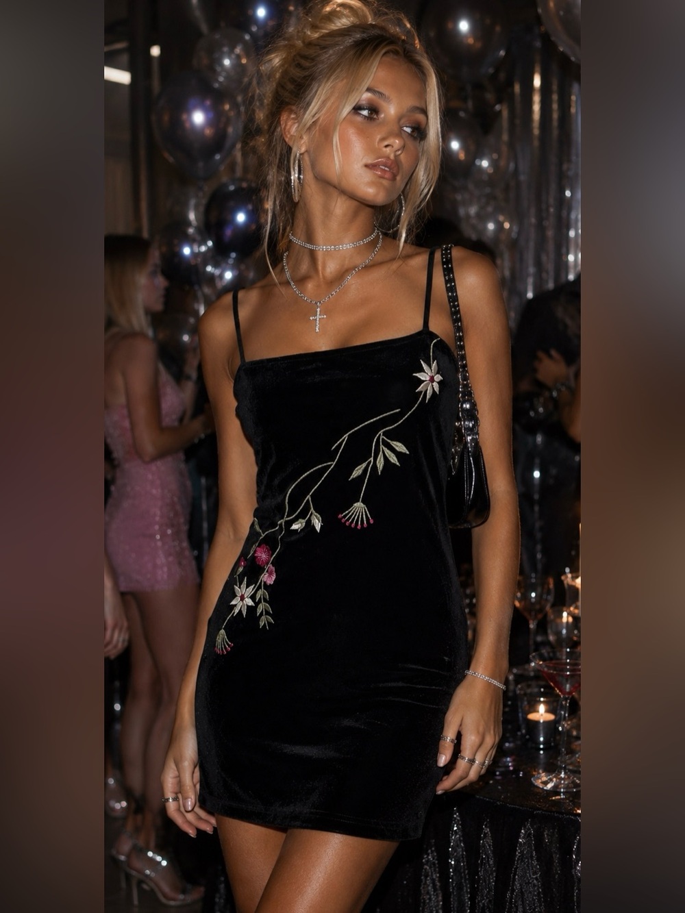 Vintage 90s City Triangles Black Velvet Dress S Embroidered Y2K Goth Whimsigoth